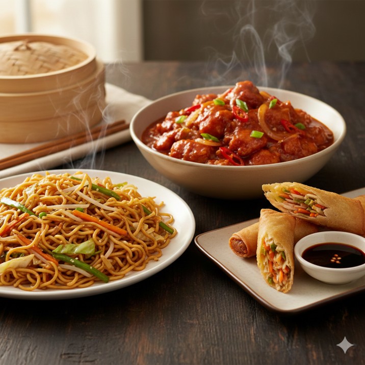 Veg Noodles and Chilli Chicken Gravy and Spring Roll